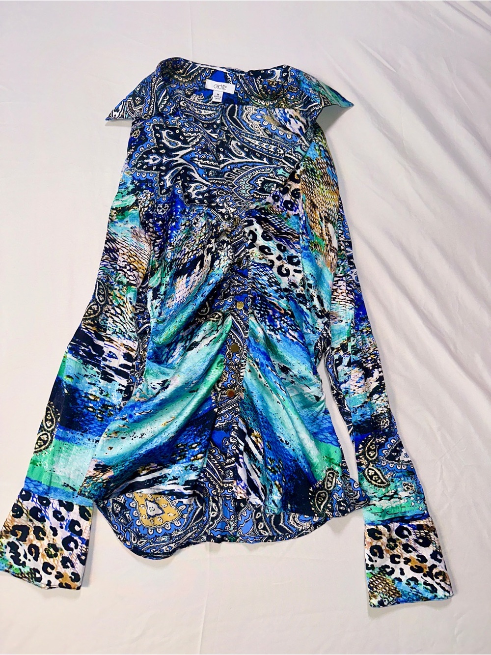 Cache Blue and Aqua Mixed-Print Button-Down Blouse